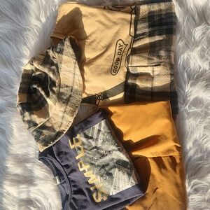 Black Graphic Tee/Coffee Shorts Set  Tan and Brown Plaid  Outfit With Bucket Hat